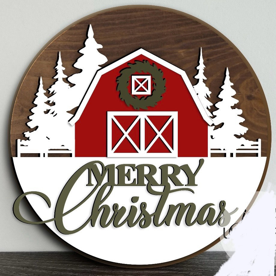 Christmas Red Barn Round Sign
