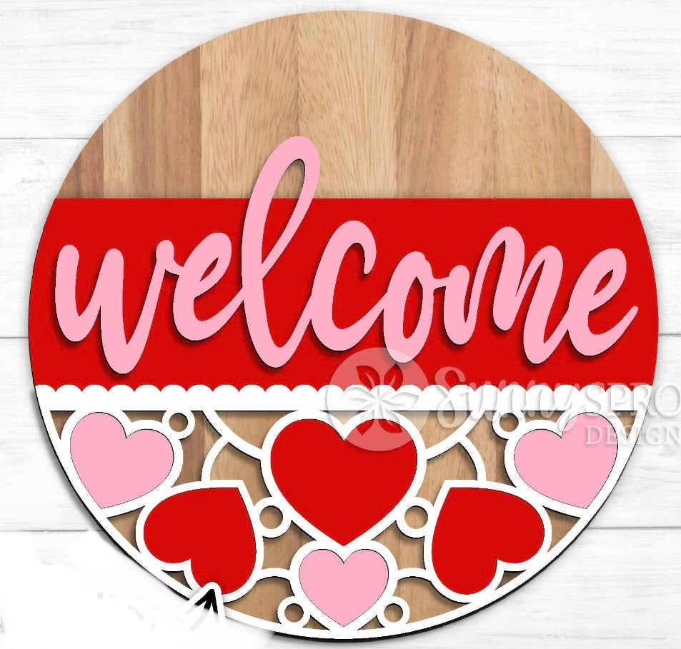 Welcome Hearts Round Sign