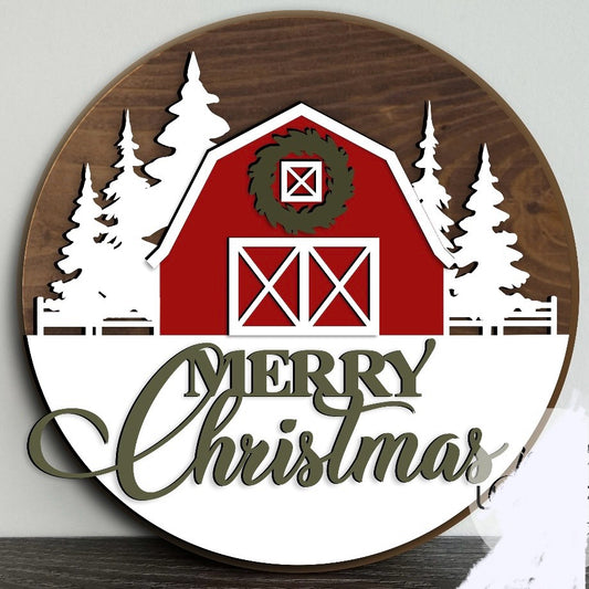 Christmas Red Barn Round Sign