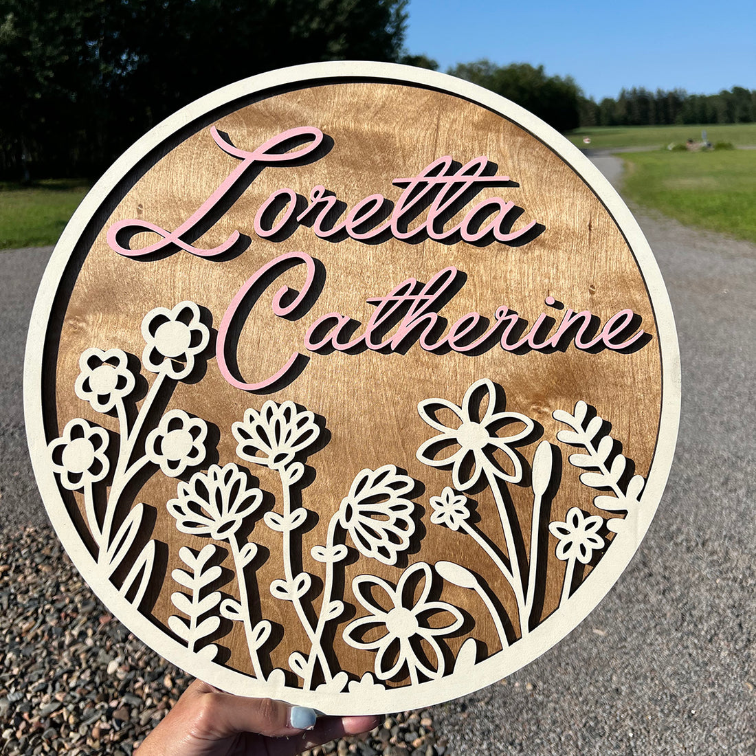 Round Floral Name Sign – Lakes Area Custom