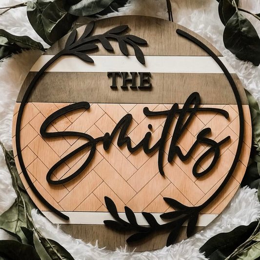 Last Name Round Herringbone Sign